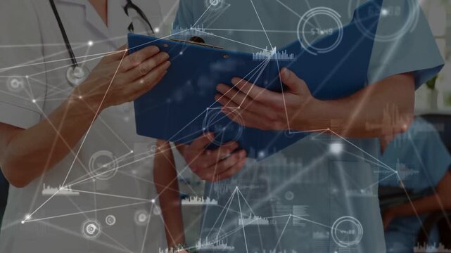 Vertical video: Overlay animating, doctor and nurse holding blue file, reviewing records at ward