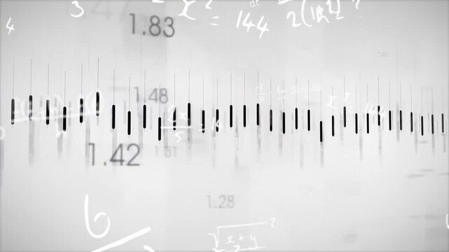 Horizontal waveform reacting to new data feed, tracing jagged polyline and showing finance numbers