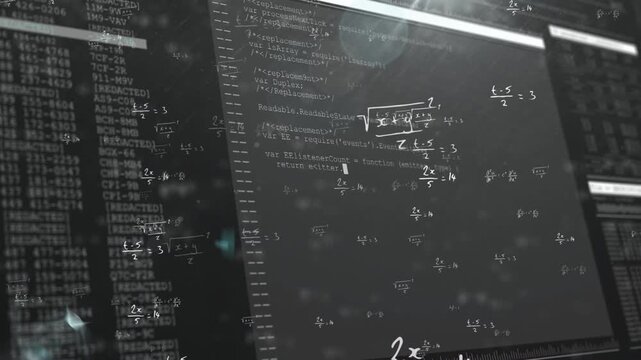 Camera panning, monitor sliding in revealing code with floating math highlighting formulas for devs