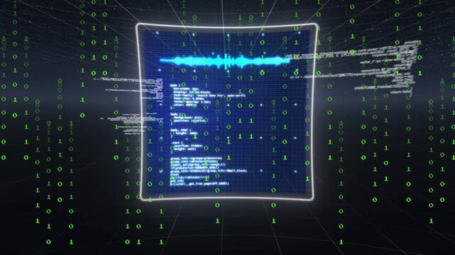 Hologram HUD assembling by binary rain, forming radial core with charts, code animating for tech