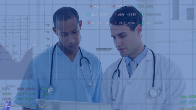 Vertical video: Two clinicians tapping tablet, reviewing patient data with scrolling data overlays
