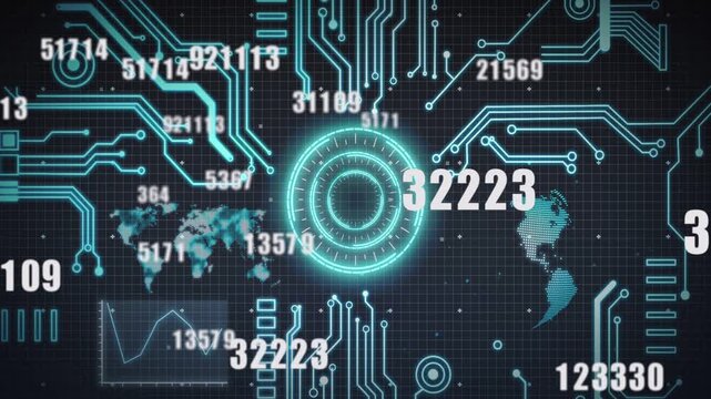 Central circular hub receiving data streams, aggregating numbers, updating analytics map and chart