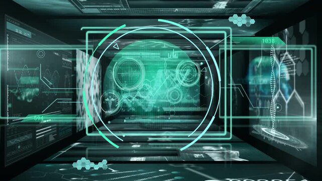 System booting, central HUD rotating rings, panels cycling cells and DNA, running diagnostic scan