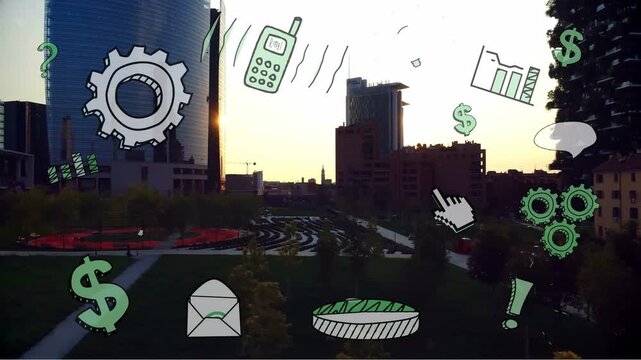 Camera panning revealing park skyline at sunset, business icons phone chart animating for marketers