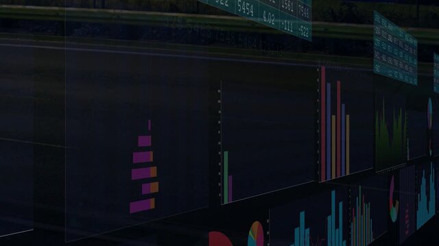 Camera panning along data wall, red scan initiating reveal of stacked bars, charts, ticker