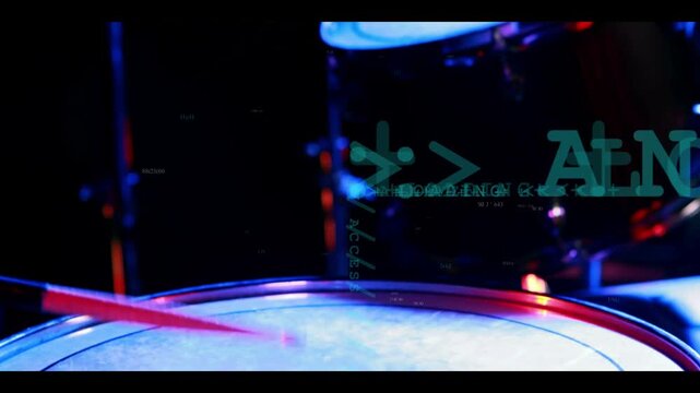 Camera panning, red stick entering showing snare, cymbal and tom for music, teal graphics shifting