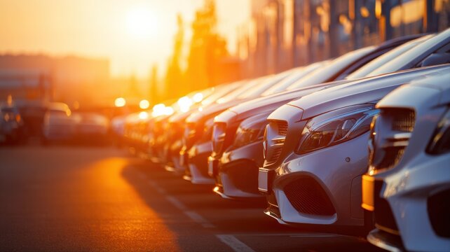 Row of gleaming modern cars parked in dealership lot at sunset, showcasing automotive industry