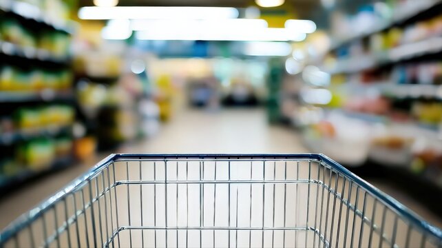 Perspective from inside a shopping cart moving through a brightly lit supermarket aisle