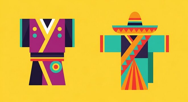 Colorful, geometric representation of clothing. Depicted are a kimono and a figure with a sombrero, likely from different cultures. Flat vector style, against a yellow background