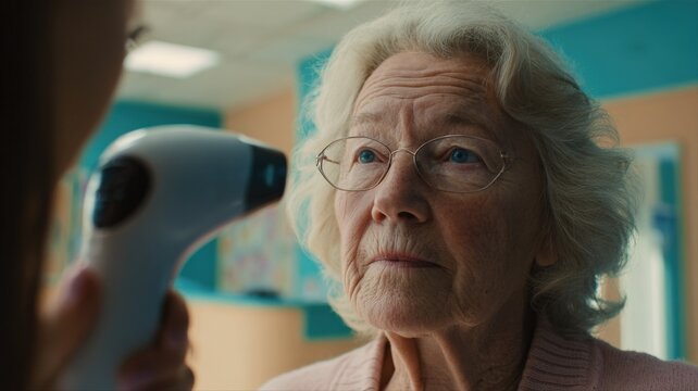 Senior woman with concerned expression as temperature is taken with non contact thermometer in medical setting