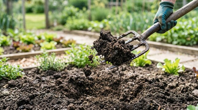 Gardener using a garden fork to turn soil in a vegetable garden  