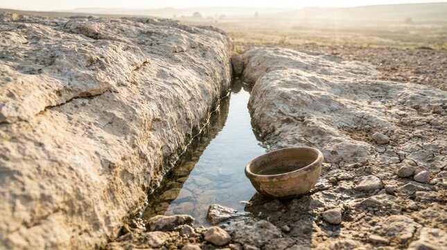 Shallow desert rill cut through pale rock with a waiting bowl at golden hour, symbolising scarce water reachability as measured survival, nearness of relief, reverence, and gratitude per drop