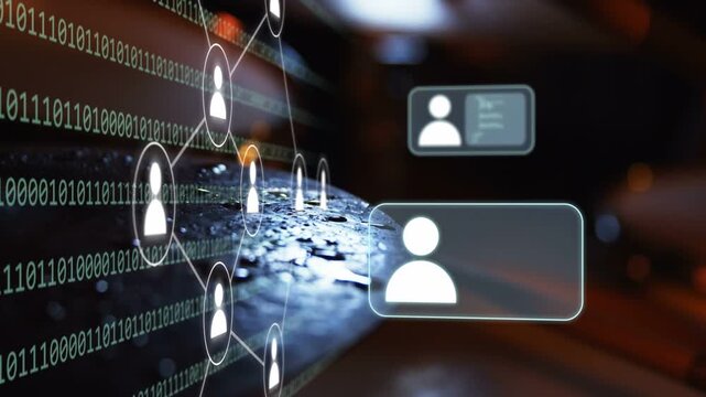 Digital avatar network expanding over mouse at desk, showing binary rows and ID cards, copy space