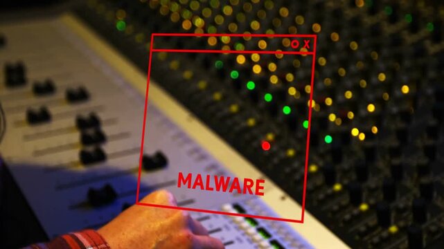 Vertical video: Woman audio tech sliding faders mixing causing malware glitching over console face