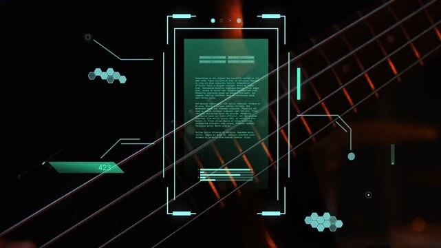 Vertical video: Musician plucking strings, music HUD updating progress and readout for tracking