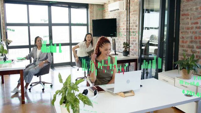 Tablet glance sending colleagues to braided woman, leaning over laptop celebrating rising charts