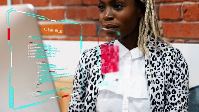 Vertical video: Woman typing on laptop and initiating holo AI data mining UI, studying code
