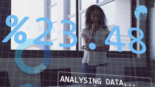 Woman analyst at glass, overlay popping and causing moving percent table, analyzing for business