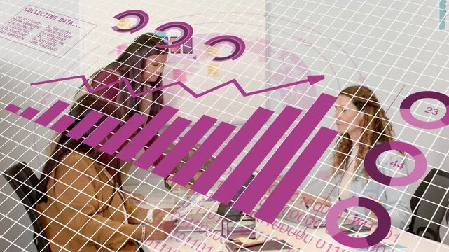 Lead pointing report, analyst flipping pages, manager typing, purple charts growing, summing sales