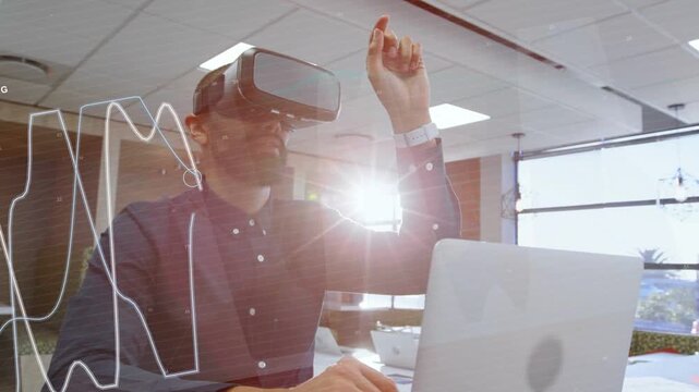 Man placing VR headset alternating keyboard and HUD taps, refining tech graphs until stabilizing