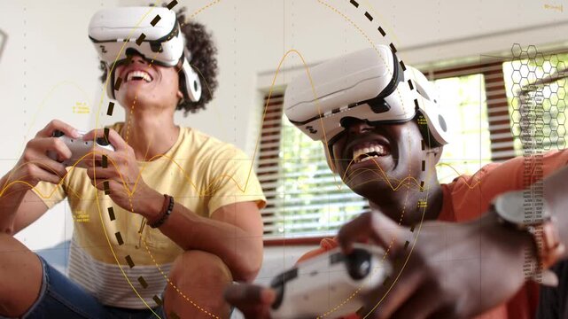 Two men wearing VR headsets, pressing controllers and reaching, HUD reacting, competing in VR game