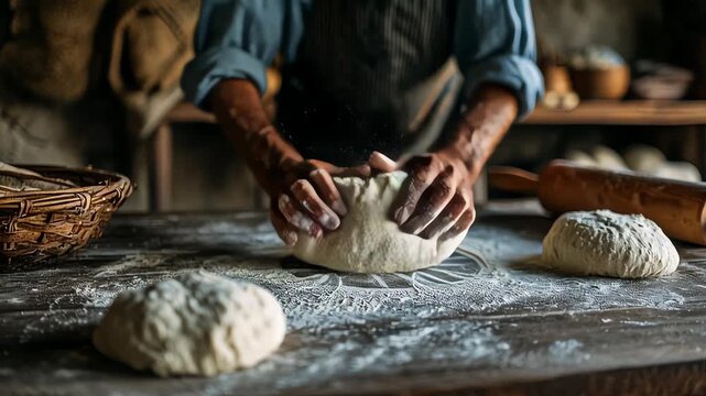 The timeless craft of bread making comes alive as a baker's hands expertly knead fresh dough on a flour-dusted wooden table, symbolizing tradition and wholesome food preparation