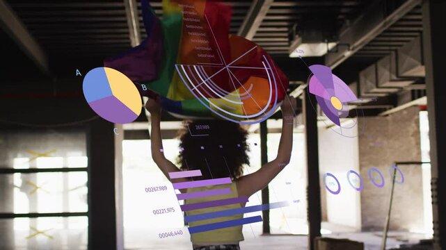 Woman lifting pride flag and causing data charts and progress rings appearing around her for design