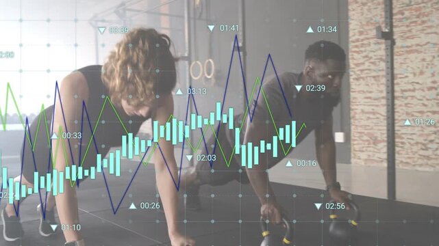 Two fitness partners are doing push-up reps with handles in flat design gym, animated charts