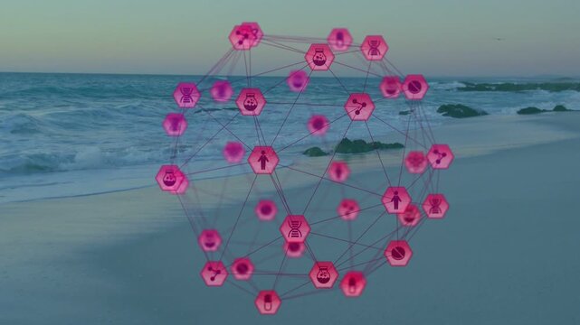 Magenta network sphere rotating over beach on play, pulsing hex nodes showing tech connectivity