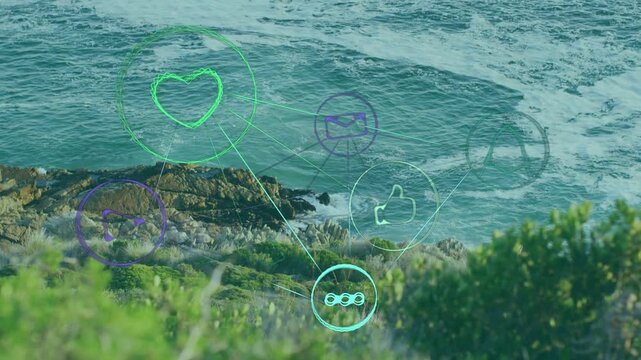 Holo UI cluster originating at turquoise node, drawing lines, pulsing heart over sea for marketing