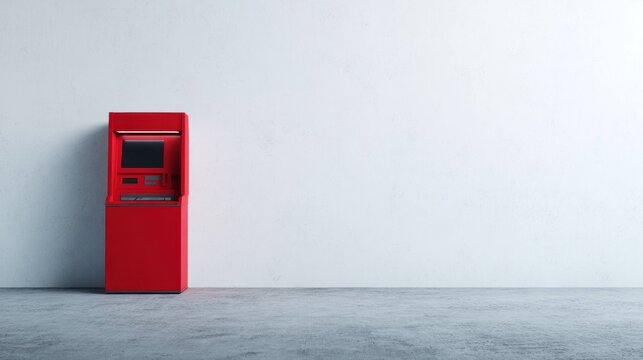 Red ATM machine standing alone near wall on concrete floor, automated teller for cash withdrawal, banking service and financial transaction concept.