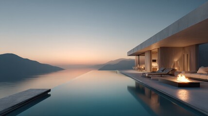 Obraz premium Luxury modern villa with infinity pool overlooking serene ocean and mountains at sunset