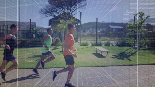 Lead runner pacing, team joining, forming four pack for fitness, grid overlay appearing
