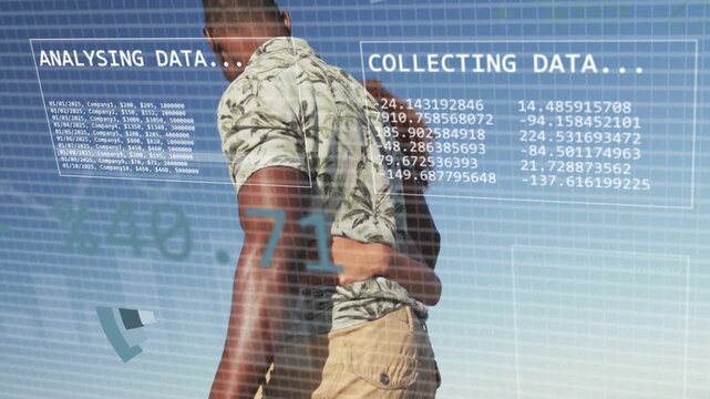 Vertical video: African American couple walking beach, pie chart appearing, HUD collecting data