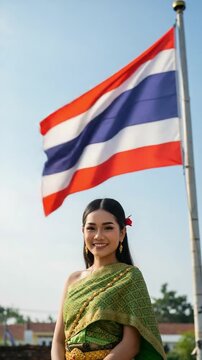 Thai Woman in Traditional Green Chut Thai Dress with Thailand Flag Background