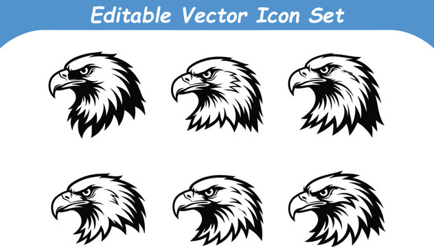 Set of six editable vector icons of a fierce eagle head with detailed feathers and intense gaze predator wildlife