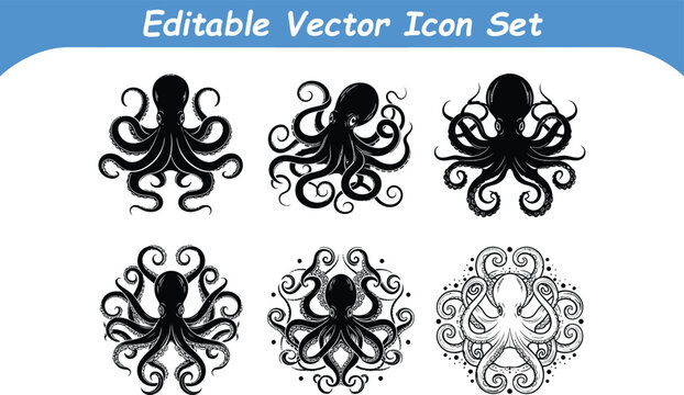 Octopus silhouette icon set marine life graphics sea creature silhouette cephalopod underwater tentacle