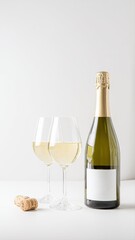 Obraz premium Elegant Celebration Scene with Bottle of Bubbly and Two Wine Glasses on White Background