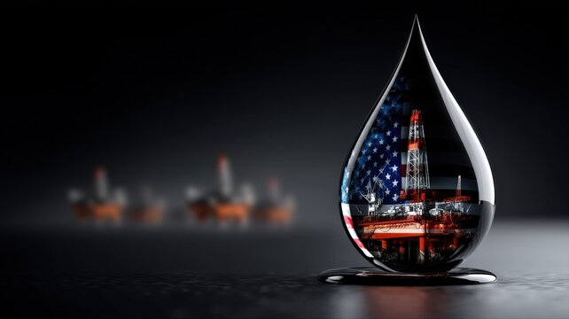 Refinery Rig and American Flag Reflected in Oil Drop on Dark Background with Blurred Rigs