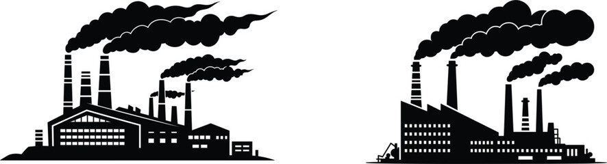 Industrial factories emitting smoke pollution environmental impact silhouette illustration © Mominul