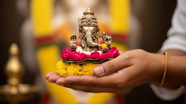 Celebration of Varaha Jayanti with a Small Ganesha Idol on a Floral Plate Held in Hand