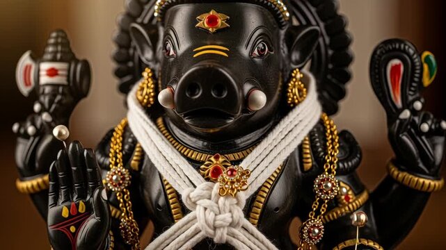 Decorative Black Stone Idol of Varaha with Ornate Jewelry and Sacred Ropes for Varaha Jayanti Celebrations