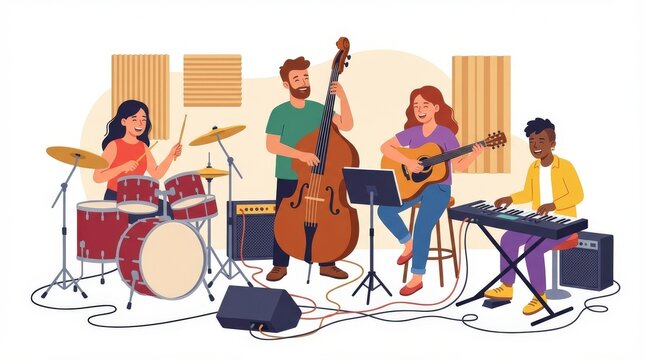 Diverse Quartet Band Rehearsing in Studio.