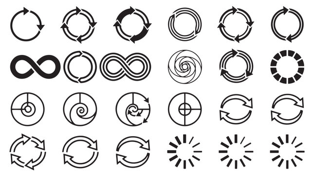 Infinity Loop, Circular Arrow, Recycle Icons, 20 Black Vector Symbols