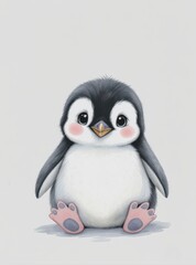 Fototapeta premium A cute baby penguin with rosy cheeks sits against a plain background.
