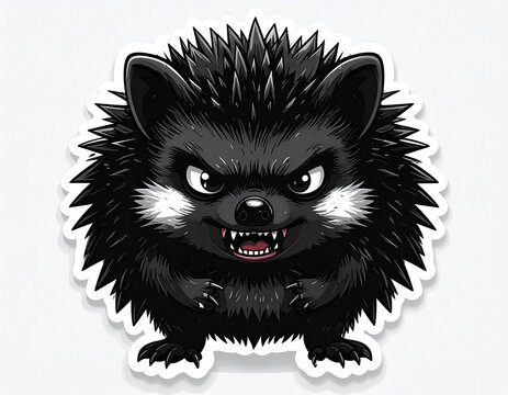 A cute dark hedgehog character with spiky quills looks angry on a white background.