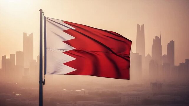 National Flag of Bahrain Waving Over Modern City Skyline at Sunset