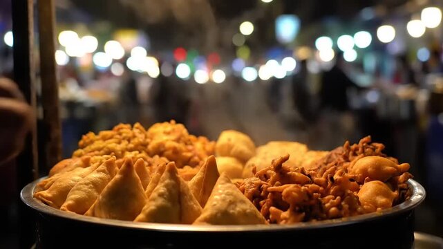 Delicious and crispy fried snacks served hot in a vibrant street food market at night