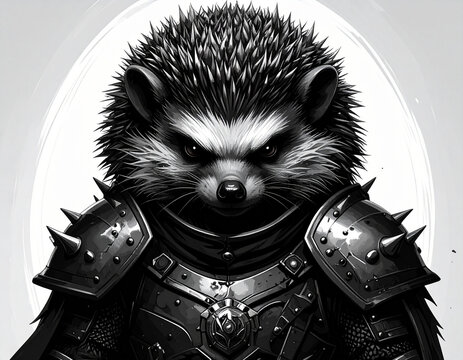 A fierce hedgehog warrior stands boldly in spiky armor on a white background.