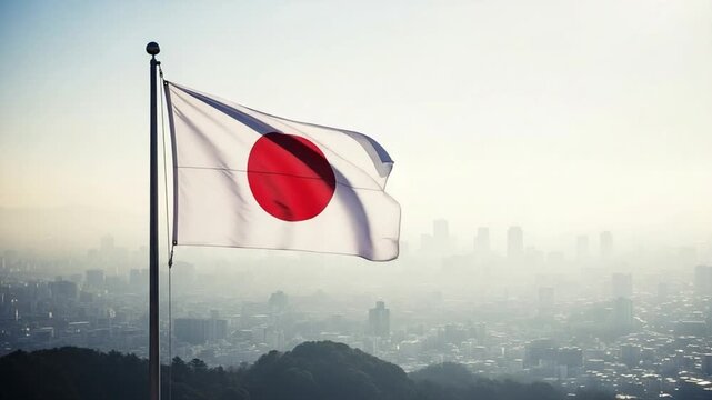 Japanese National Flag on Display with Urban Skyline Background during Daylight